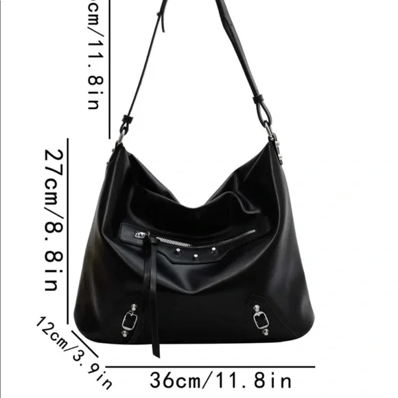 NEW Black Faux Leather Silver Studded Hobo Bag OS - Picture 6 of 6